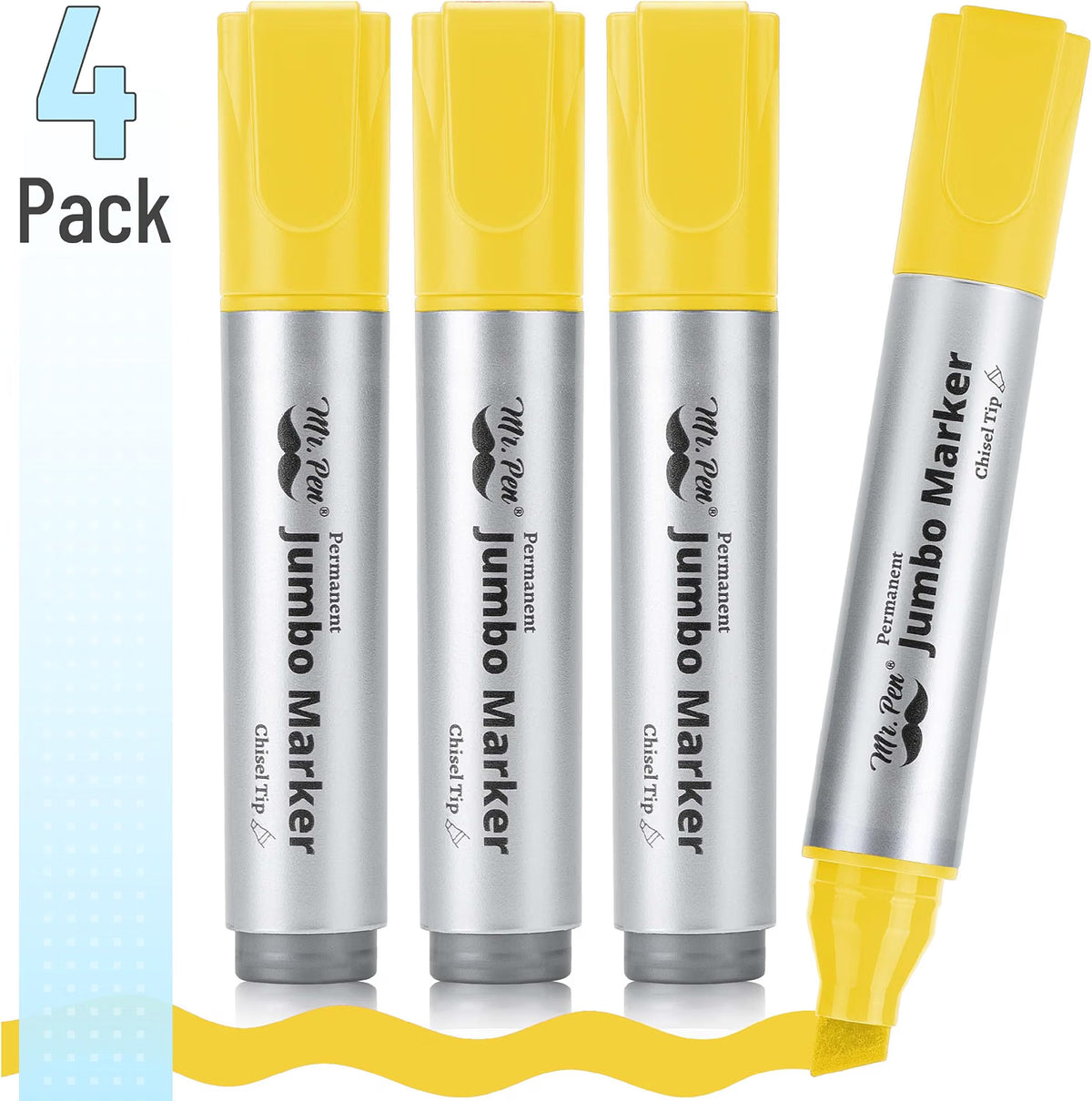 Mr. Pen- Jumbo Permanent Markers, 4 Pack, Yellow, Chisel Tip, Wide Tip Large, Thick Permanent Markers for Canvas, Posters Board, Fabric, Window, Glass, Wood, Waterproof, Quick Dry