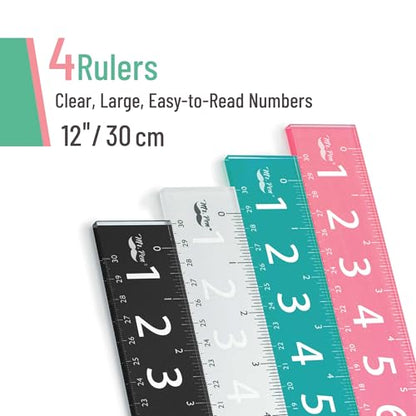 Mr. Pen- Plastic Rulers with Large Numbers, 12-Inch, 4 Pack, Metric & Imperial