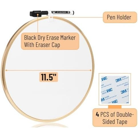 Mr. Pen- Round Dry Erase Board, 11.5” with a Black Dry Erase Marker, Gold Frame, Small White Board
