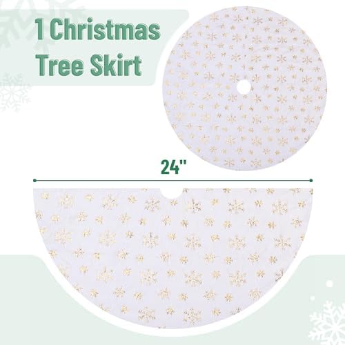 Mr. Pen- Christmas Tree Skirt 24 inches, White Faux Fur Christmas Tree Skirts with Gold Snowflakes, White Tree Skirt