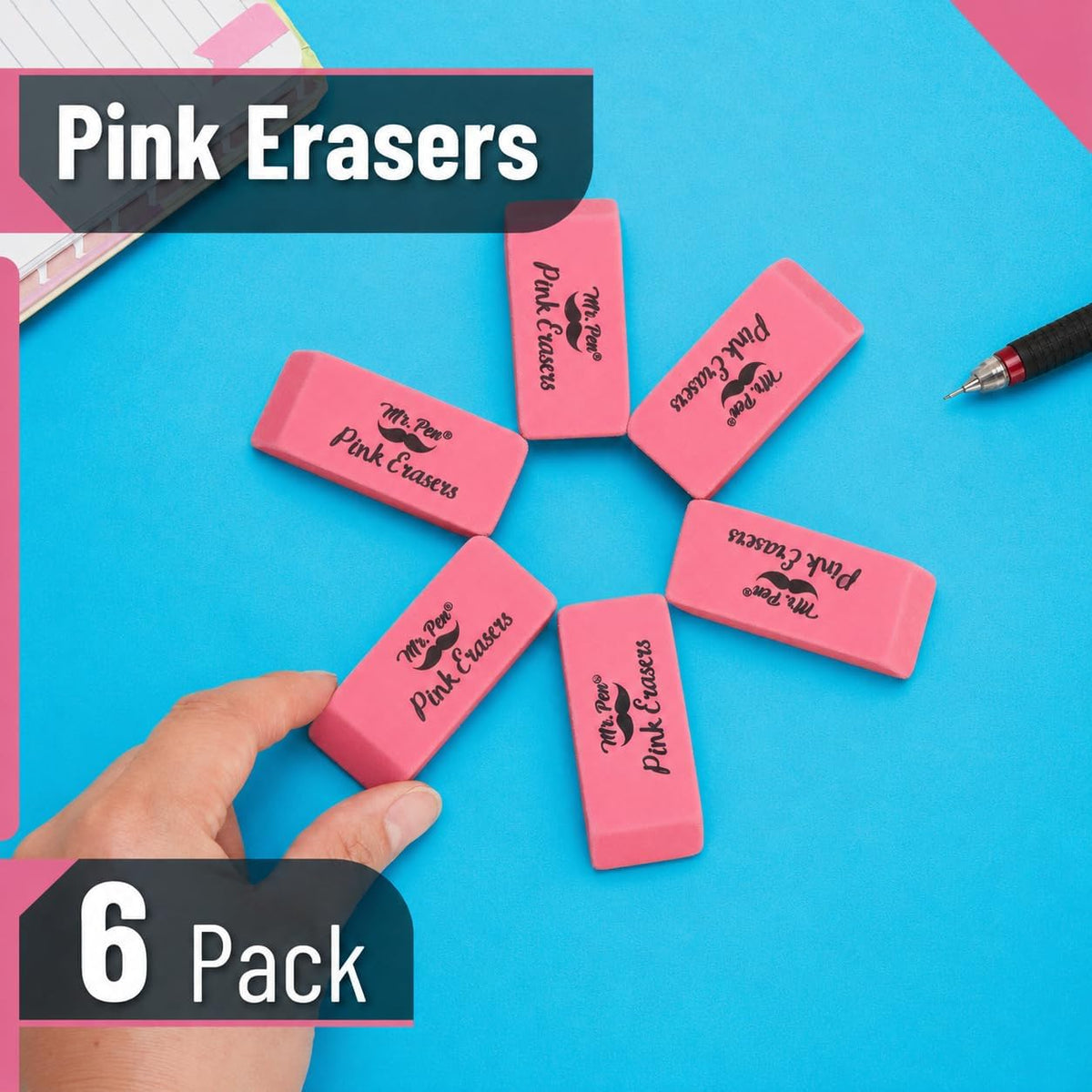 Mr. Pen- Pink Pencil Eraser, 6 Pack, Large Latex Free | Block Erasers for School, Office, Art Sketching, Homework, Exams, Clean Smudge-Free Correction
