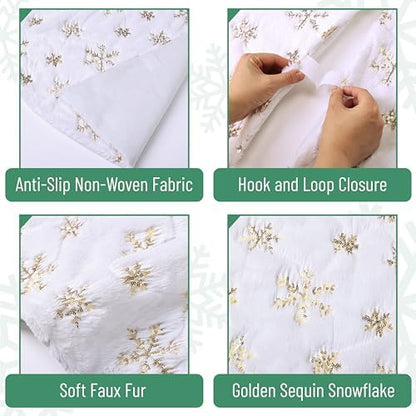 Mr. Pen- Christmas Tree Skirt 24 inches, White Faux Fur Christmas Tree Skirts with Gold Snowflakes, White Tree Skirt