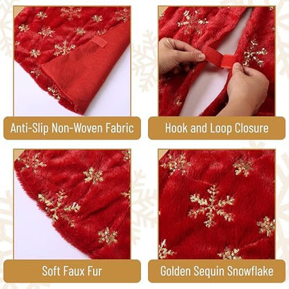 Mr. Pen- Christmas Tree Skirt 36 inches, Red Faux Fur Christmas Tree Skirts with Gold Snowflakes