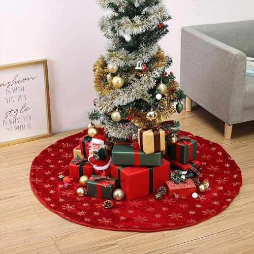 Mr. Pen- Christmas Tree Skirt 36 inches, Red Faux Fur Christmas Tree Skirts with Gold Snowflakes