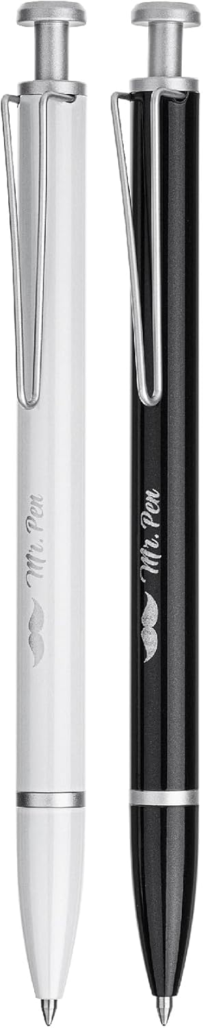 Mr. Pen- Metal Retractable Gel Pen, 2 Pack, 2 Refills, Black & White, Black Ink, Metal Barrel Gel Pens Fine Point 0.7mm, Retractable Pens