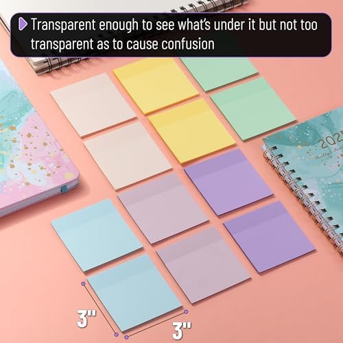Mr. Pen- Transparent Sticky Notes, 3”x3”, Morandi Colors, 12 Pads, 600 Sheets, See Through Sticky Notes, Bulk Sticky Notes Transparent
