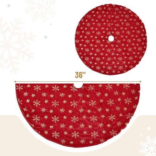 Mr. Pen- Christmas Tree Skirt 36 inches, Red Faux Fur Christmas Tree Skirts with Gold Snowflakes