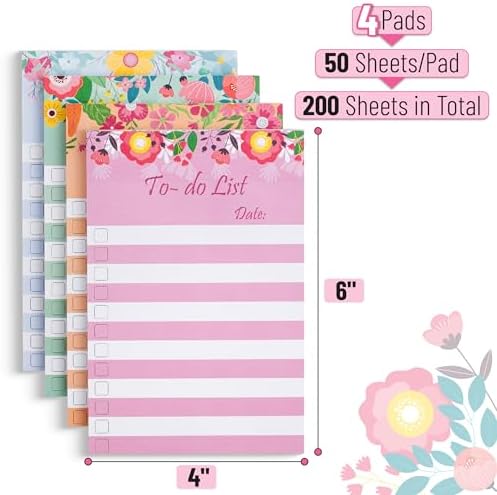To Do List Sticky Notes 4x6, 4 Pads, 200 Sheets, Floral Header