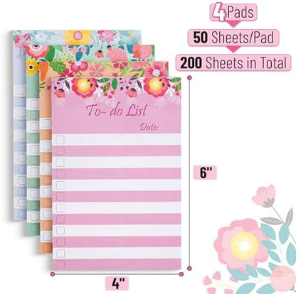 To Do List Sticky Notes 4x6, 4 Pads, 200 Sheets, Floral Header