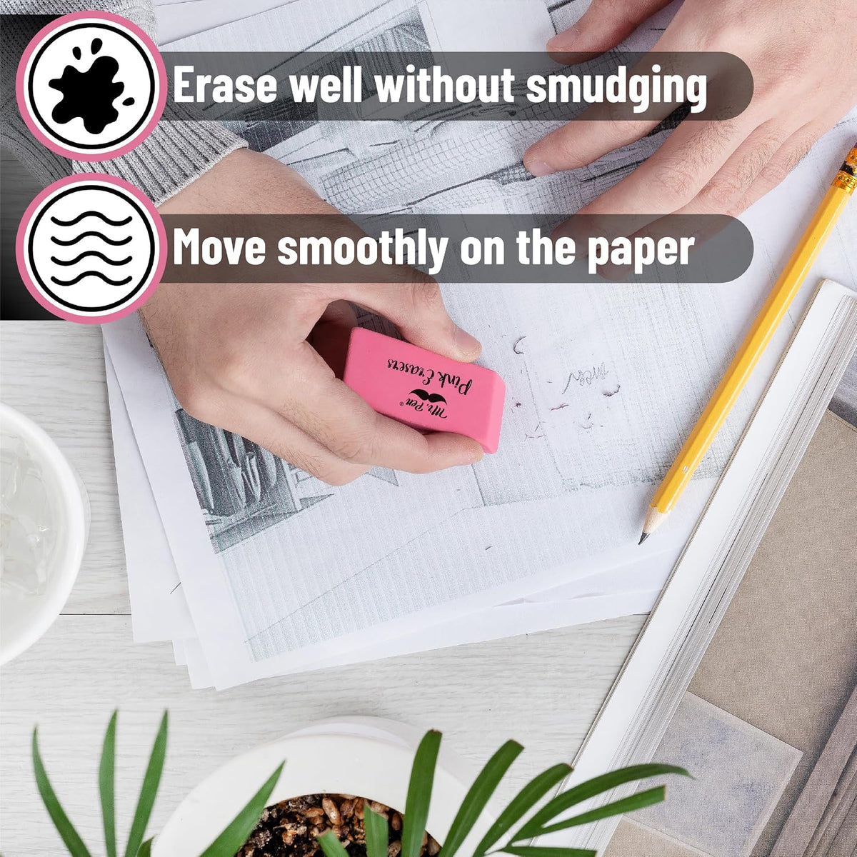 Mr. Pen- Pink Pencil Eraser, 6 Pack, Large Latex Free | Block Erasers for School, Office, Art Sketching, Homework, Exams, Clean Smudge-Free Correction