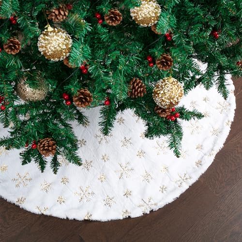 Mr. Pen- Christmas Tree Skirt 24 inches, White Faux Fur Christmas Tree Skirts with Gold Snowflakes, White Tree Skirt