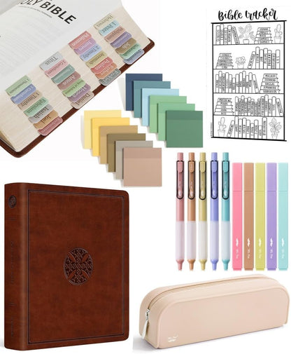 Mr. Pen- ESV Journaling Bible Kit for Women, Aesthetic Highlighters and Black Ink Gel Pens, Tabs, 3x3 Inch Transparent Sticky Notes, Bible Reading Tracker, Silicone Pencil Case, Bible Study Supplies