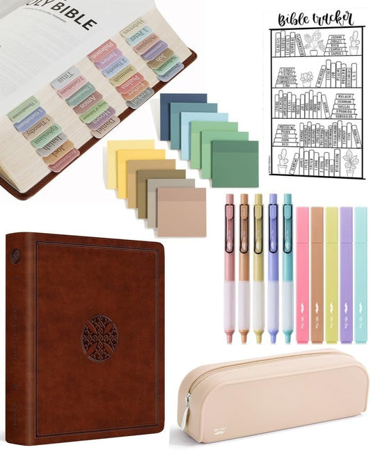 Mr. Pen- ESV Journaling Bible Kit for Women, Aesthetic Highlighters and Black Ink Gel Pens, Tabs, 3x3 Inch Transparent Sticky Notes, Bible Reading Tracker, Silicone Pencil Case, Bible Study Supplies