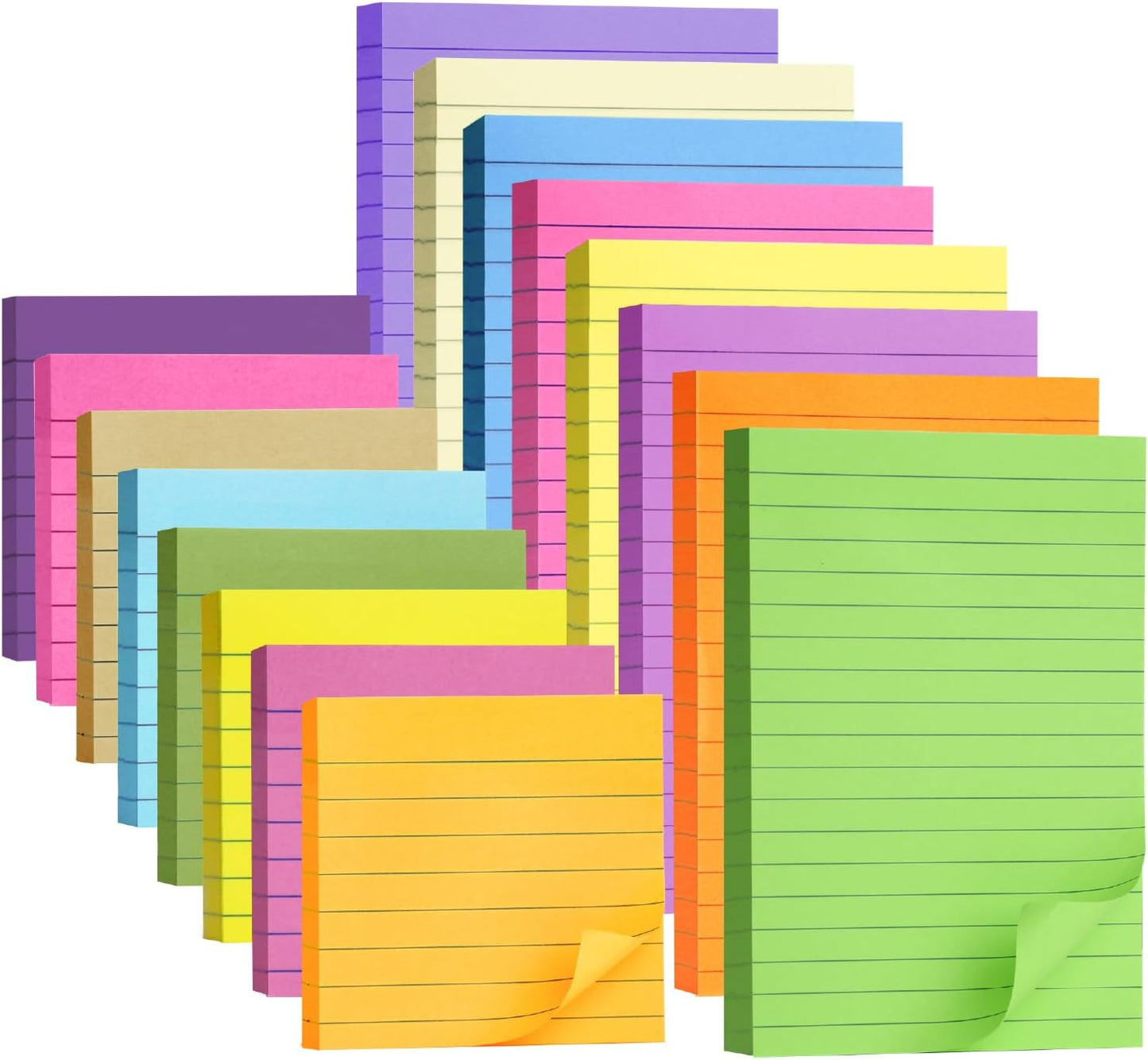 Lined Sticky Notes Set 4x6 and 3x3, 16 Pads, 720 Sheets, Pastel