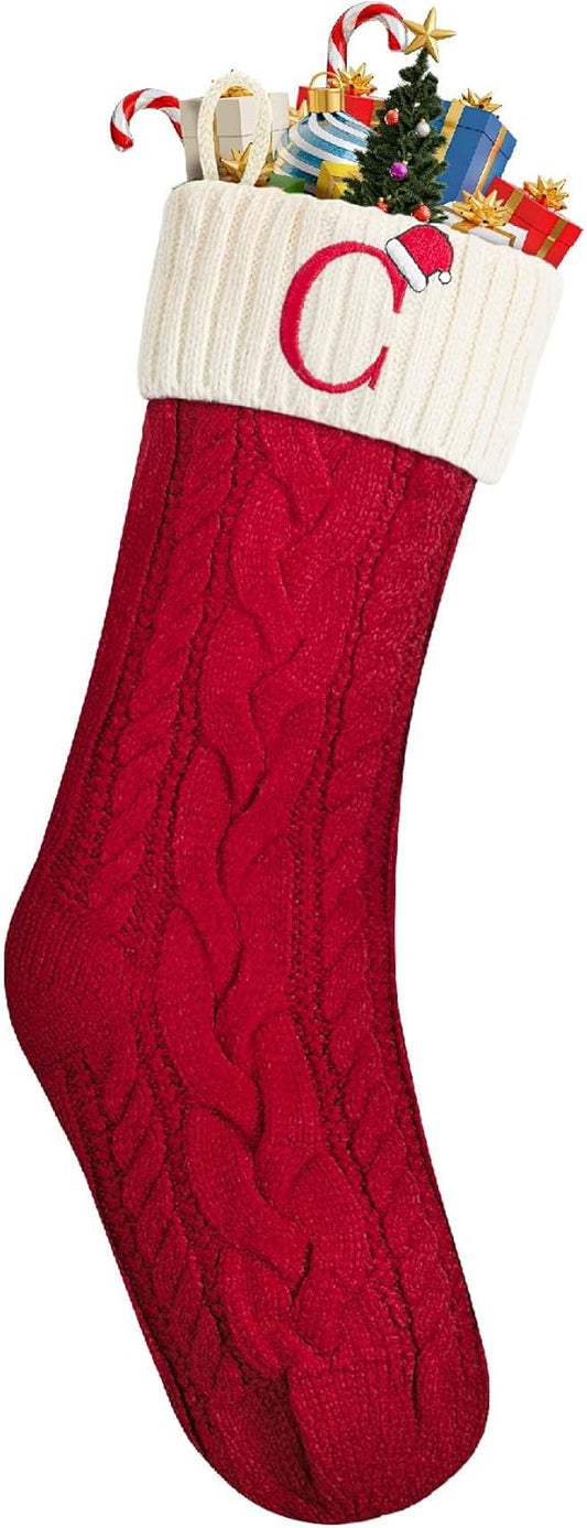 Mr. Pen- Christmas Stockings with Initials, 18", Letter C, Red and White, Cable Knit Stockings for Christmas