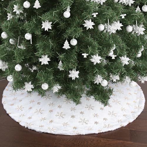 Mr. Pen- Christmas Tree Skirt 24 inches, White Faux Fur Christmas Tree Skirts with Gold Snowflakes, White Tree Skirt