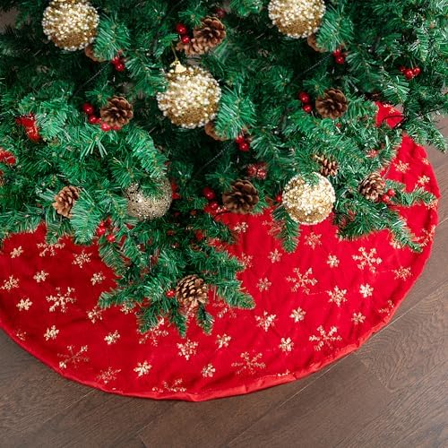 Mr. Pen- Christmas Tree Skirt 36 inches, Red Faux Fur Christmas Tree Skirts with Gold Snowflakes