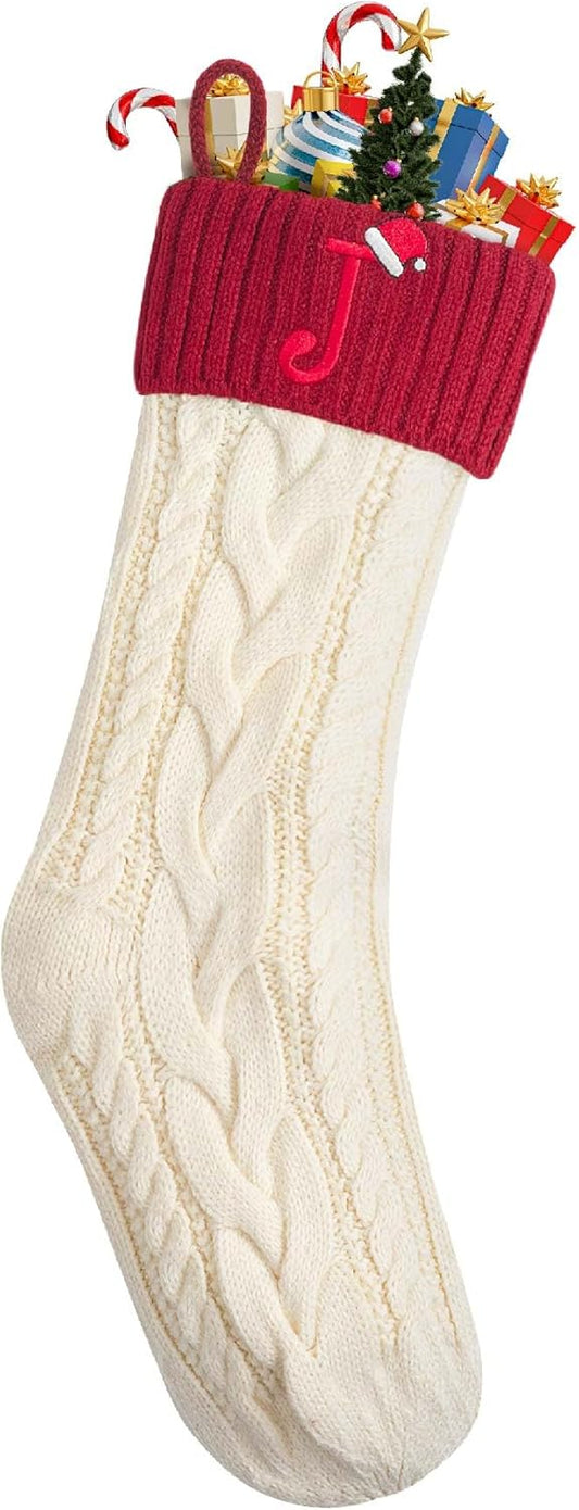 Mr. Pen- Christmas Stockings with Initials, 18", Letter J, Cream, Cable Knit Stockings for Christmas