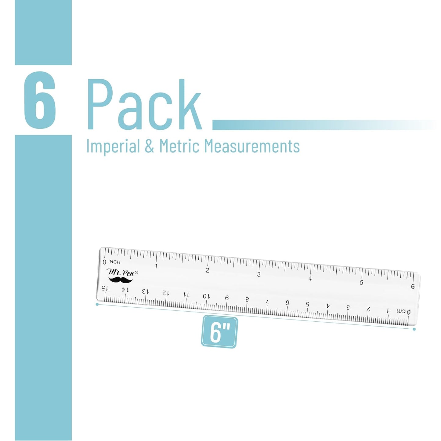 Plastic Ruler 6 Inch, 6 Pack, Clear, Metric & Imperial, Dual Scale