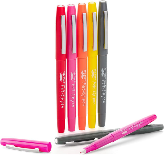 Felt Tip Pens, 5 Pack, 0.7mm Tip, Fast Dry, No Smear