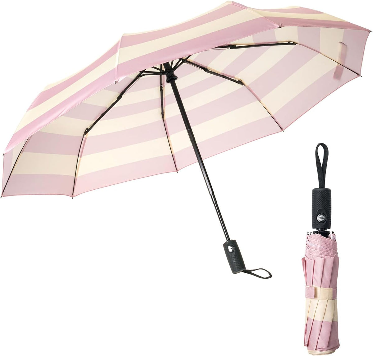 Mr. Pen- Windproof Travel Umbrella, Pink Stripes, Automatic Umbrellas for Rain, Compact Umbrella