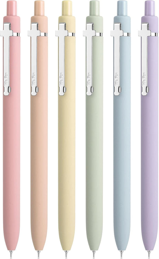 Mr. Pen- Retractable Gel Pens for Journaling, 6 Pack, 0.5 mm Black Ink, Soft Pastel Barrel with Silver Cross Clip, Smooth Writing Aesthetic Pens for Women