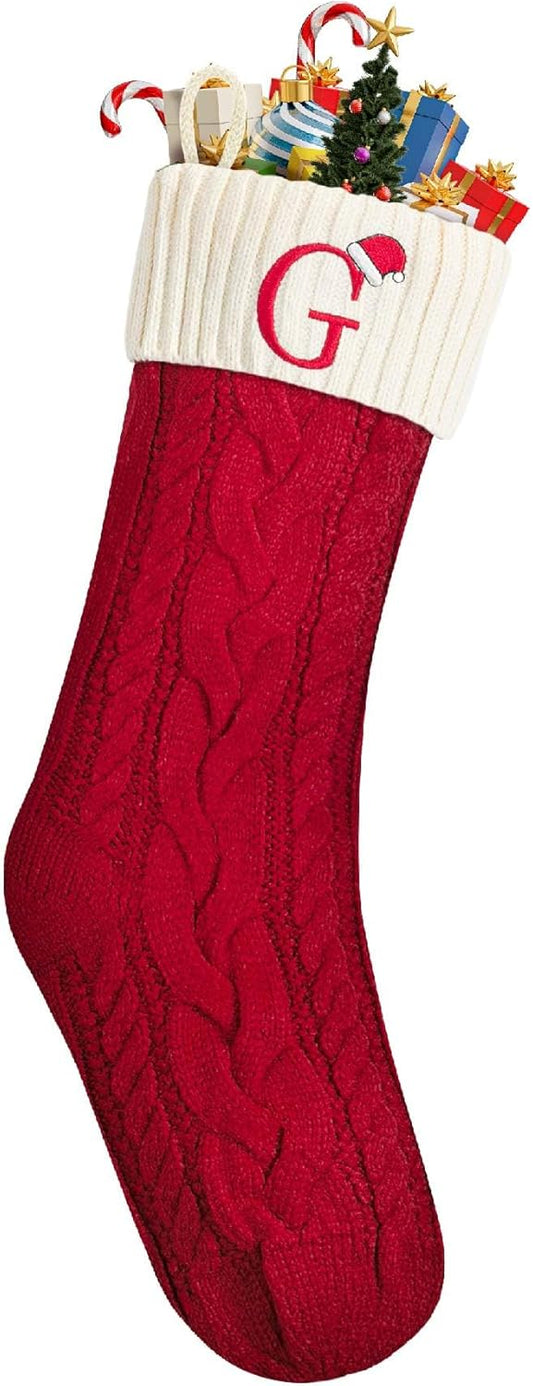 Mr. Pen- Christmas Stockings with Initials, 18", Letter G, Red and White, Cable Knit Stockings for Christmas