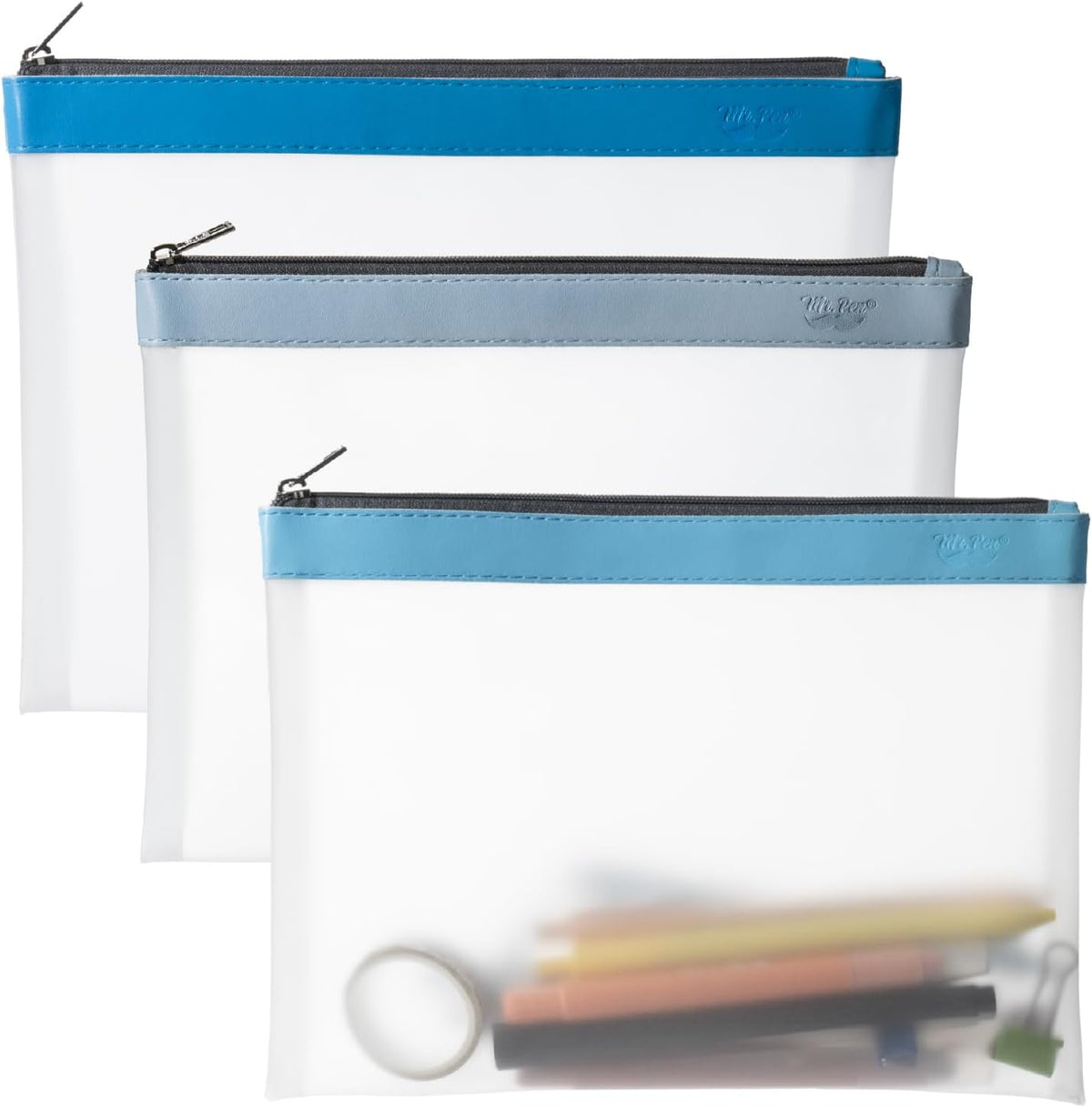 Mr. Pen- Clear Pencil Pouch, 9" x 6.88", 3 Pack, Blue Shades, Large, Pencil Bags