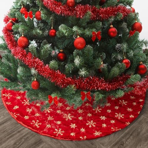 Mr. Pen- Christmas Tree Skirt 36 inches, Red Faux Fur Christmas Tree Skirts with Gold Snowflakes