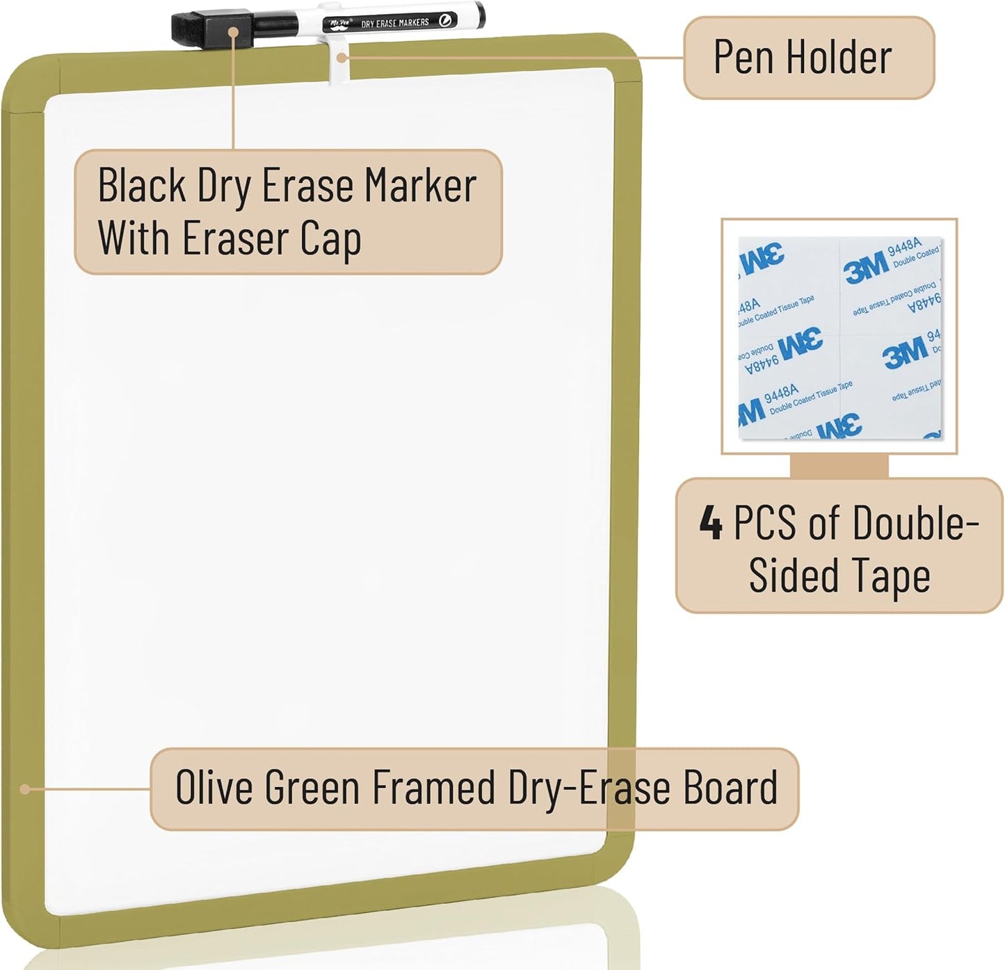 Mr. Pen- Dry Erase Board, 14” x 11” with a Black Dry Erase Marker, Olive Green Frame