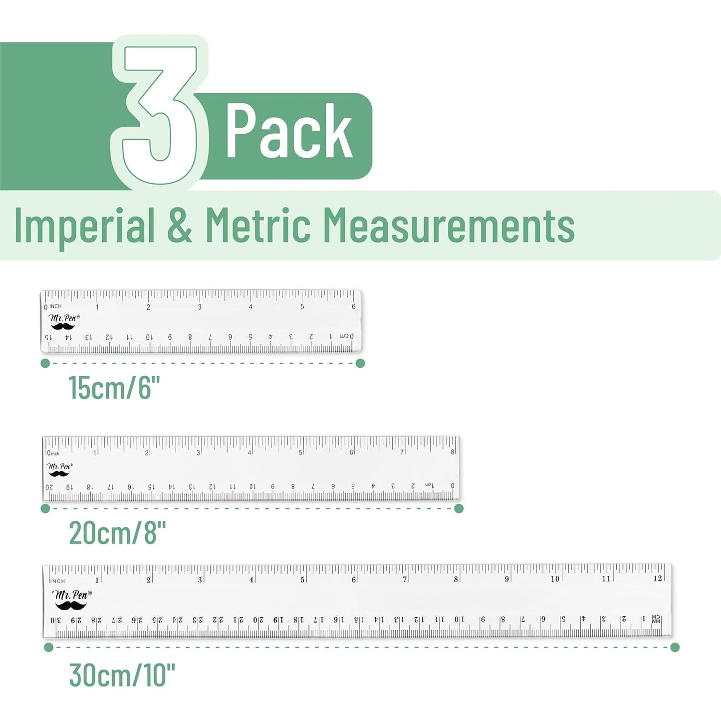 Clear Plastic Rulers Set, 3 Pack, 6”, 8”, 12”, Metric & Inch