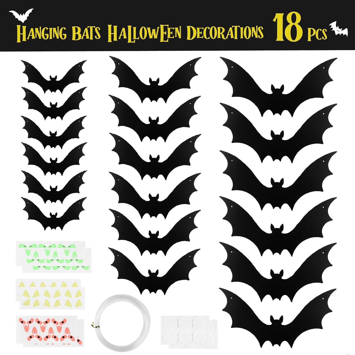 Mr. Pen- Halloween Decoration Hanging Bats, 3 Sizes, 18 pcs