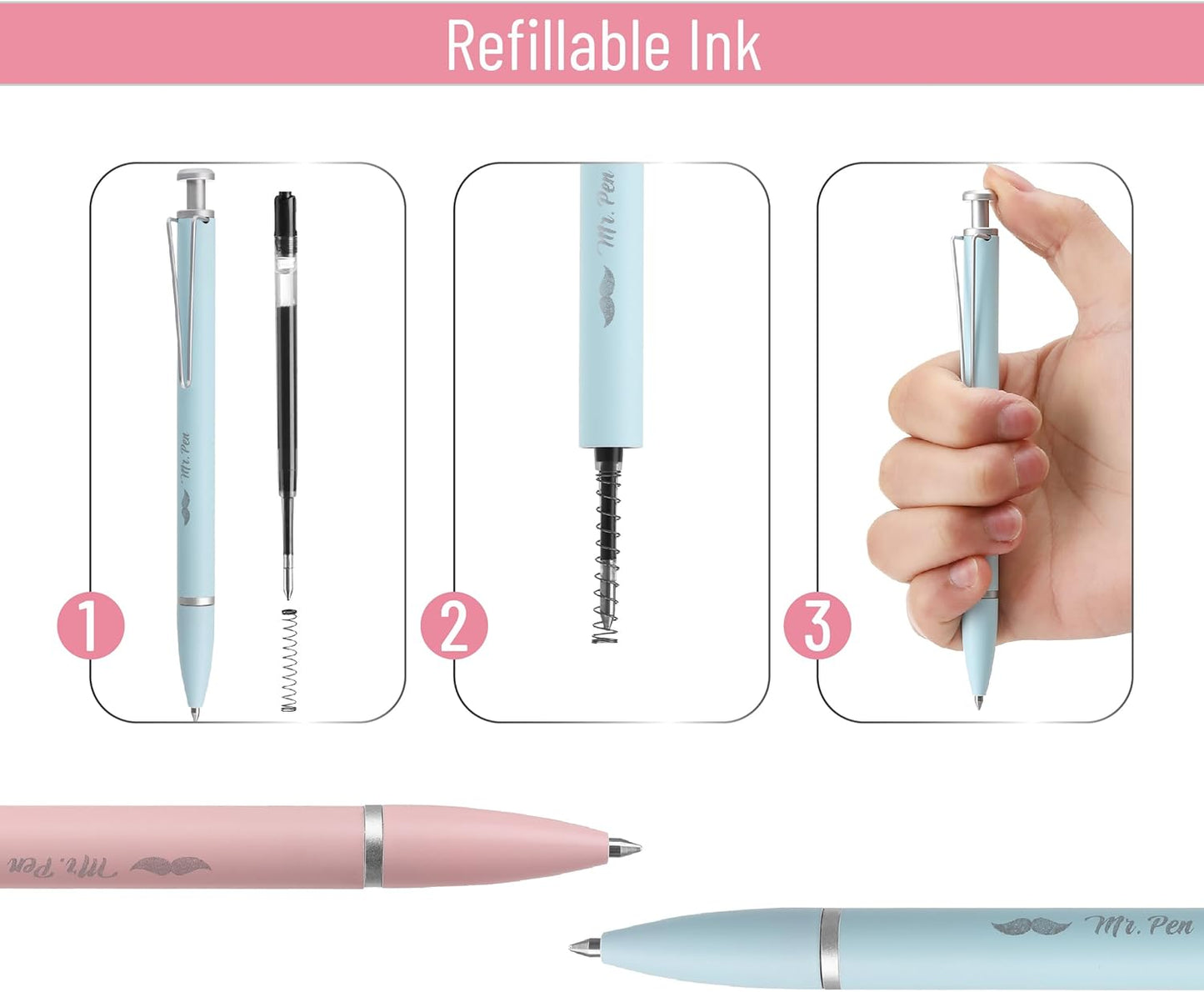 Mr. Pen- Metal Retractable Gel Pen, 2 Pack, 2 Refills, Blue & Pink, Black Ink, Metal Barrel Gel Pens Fine Point 0.7mm