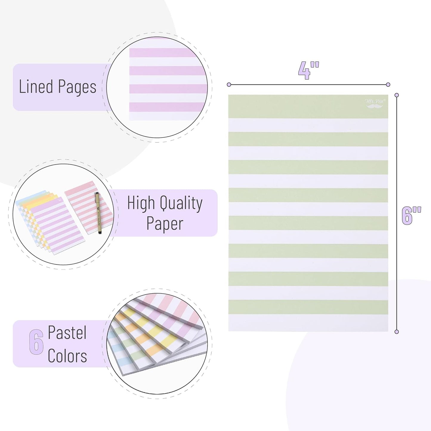 Lined Sticky Notes 4x6, 6 Pads, 45 Sheet/Pads, Assorted Colors, Sticky Notes with Lines, Sticky Note Pads, Sticky Pads, Sticky Notes Lined, Colorful Sticky Notes, Mr Pen Sticky Notes