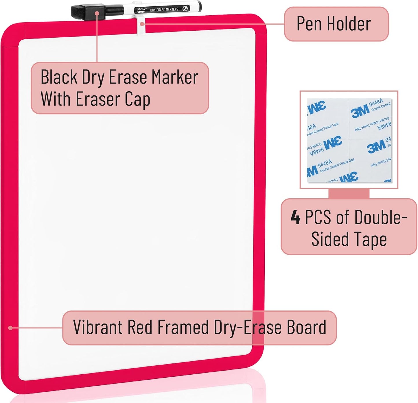 Mr. Pen- Dry Erase Board, 14” x 11” with a Black Dry Erase Marker, Red Frame, Small White Board