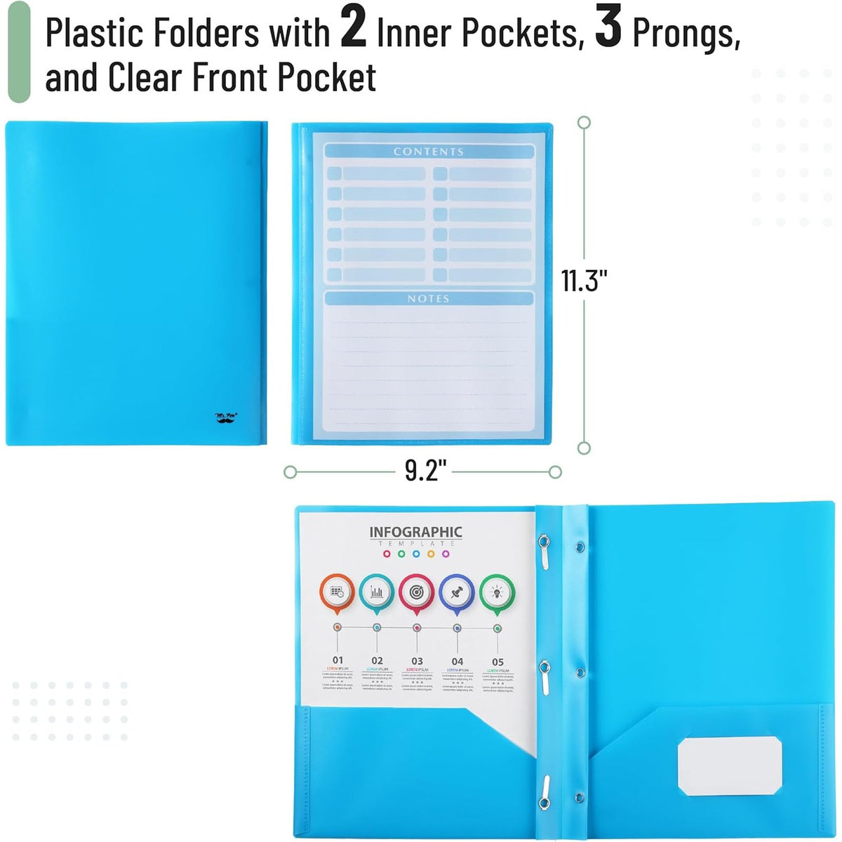 Mr. Pen- Plastic Folders with Pockets and Prongs, 24 Pack, Letter Size, Blue, Flexible Plastic Folders with Prongs