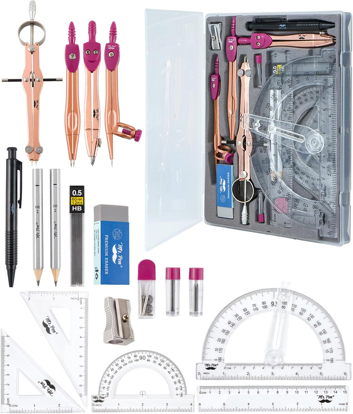 Mr. Pen- Geometry Set, 15 pcs, Rose Gold & Pink, 6 Inch Swing Arm Protractor, Divider
