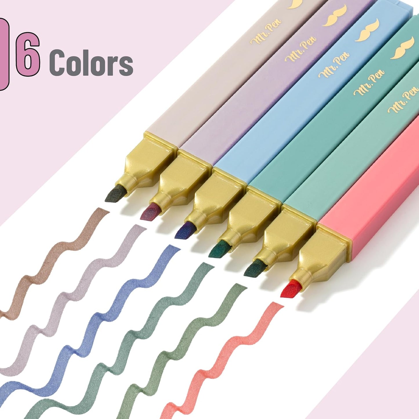 Mr. Pen- Aesthetic Highlighters, 6 pcs, Chisel Tip with Gold Trims