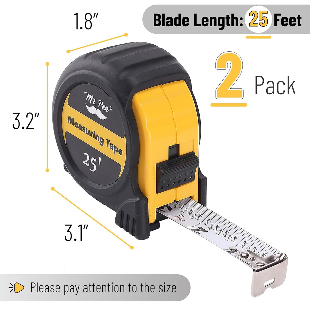 Mr. Pen- Retractable Tape Measure 25 ft, 2 Pack, Yellow, Steel Retractable Measuring Tape with Fractions