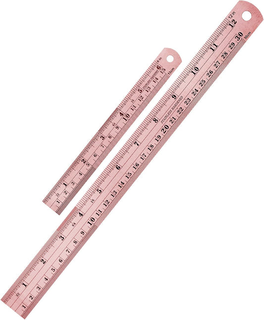 Steel Rulers, 2 Pack, 6" and 12", Rose Gold, 6 Inch Ruler Metal Rulers, Small Metal Ruler 6 Inch Metal Ruler Thin Flat, Stainless Steel Ruler 12 Inch, Centimeter Ruler, Steel Ruler 12 Inch