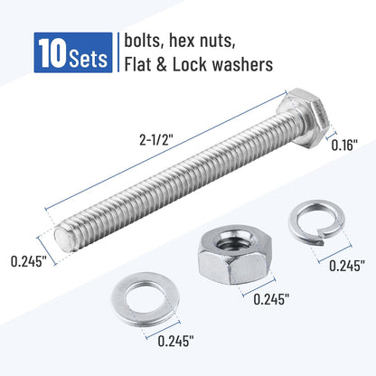 Mr. Pen- Nuts and Bolts Set, 1/4"-20x2-1/2, 10 Sets, Stainless Steel, Hex Head Nut and Bolt Set