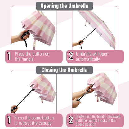 Mr. Pen- Windproof Travel Umbrella, Pink Stripes, Automatic Umbrellas for Rain, Compact Umbrella