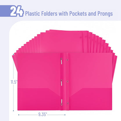 Mr. Pen- Plastic Folders with Pockets and Prongs, 24 Pack, Letter Size, Pink, Flexible Plastic Folders with Prongs