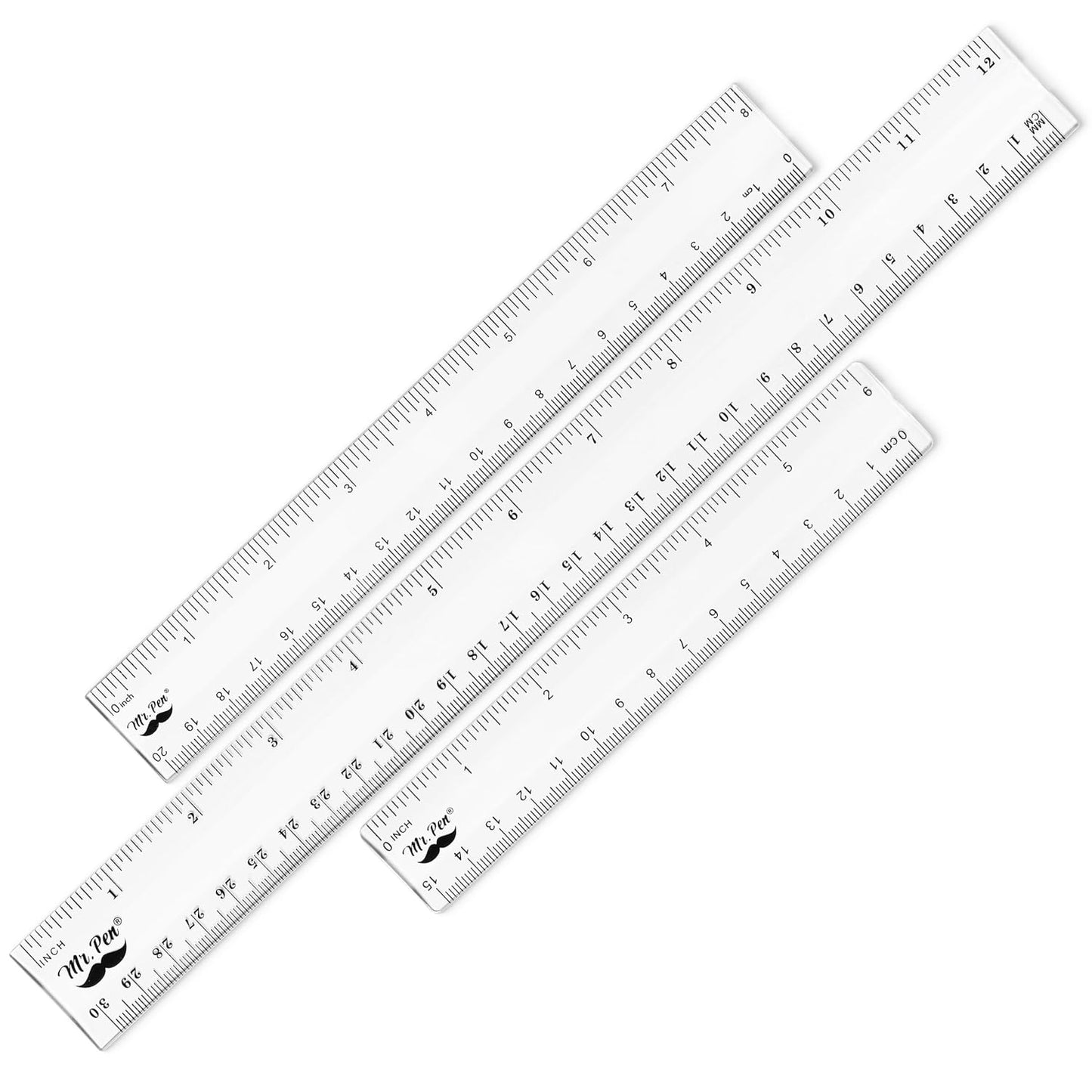 Clear Plastic Rulers Set, 3 Pack, 6”, 8”, 12”, Metric & Inch