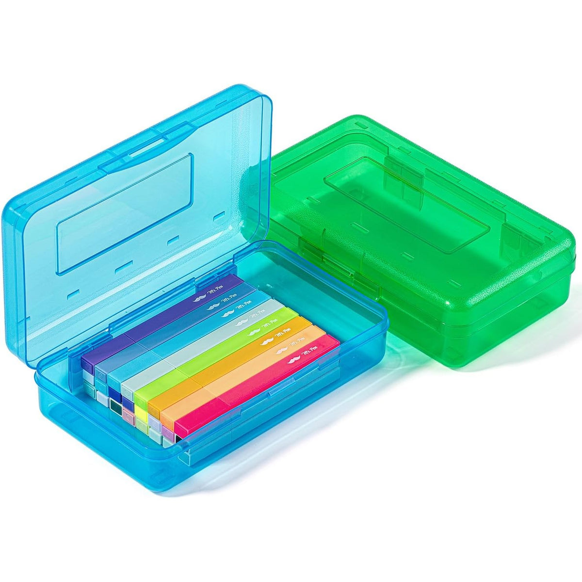 Mr. Pen- Clear Pencil Boxes, 2 Pack, Blue/Green, Snap-Tight Lid, Plastic Pencil Box Organizer
