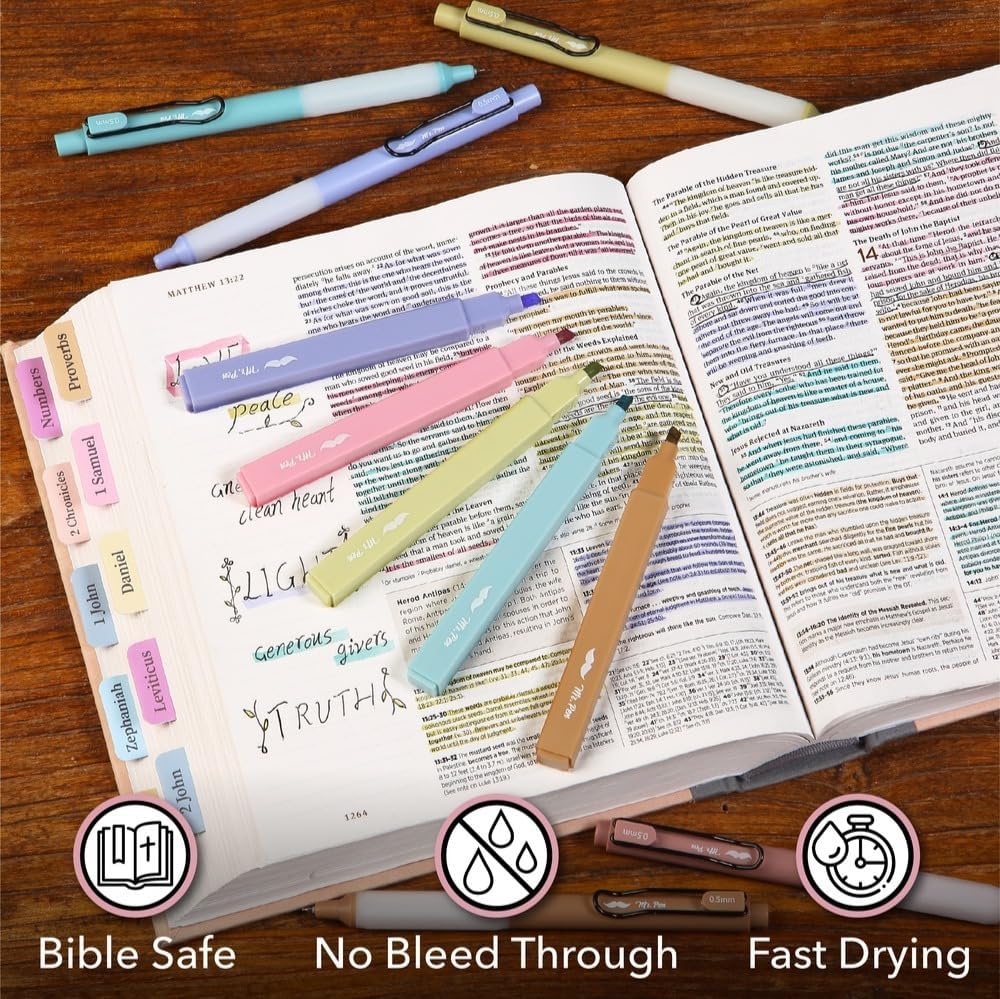 Mr. Pen- ESV Journaling Bible Kit for Women, Aesthetic Highlighters and Black Ink Gel Pens, Tabs, 3x3 Inch Transparent Sticky Notes, Bible Reading Tracker, Silicone Pencil Case, Bible Study Supplies