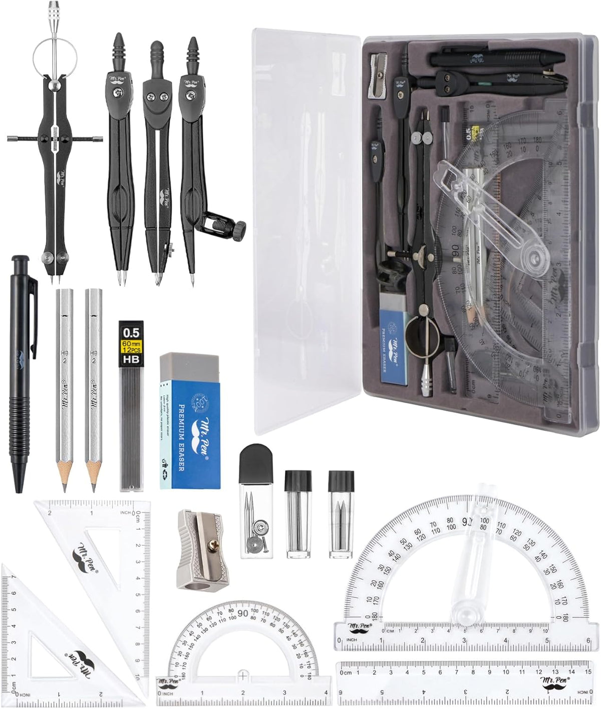 Mr. Pen- Geometry Set, 15 pcs, Black, 6 Inch Swing Arm Protractor, Divider, Set Squares, Ruler