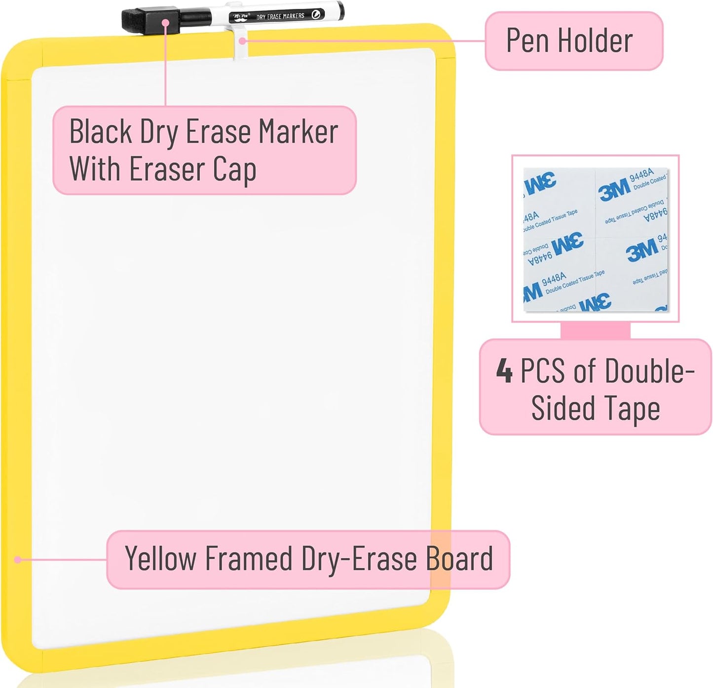 Dry Erase Board, 14” x 11” with a Black Dry Erase Marker, Yellow Frame, Small White Board, White Board for Kids, White Board for Students, Small Dry Erase Board, Mini White Board