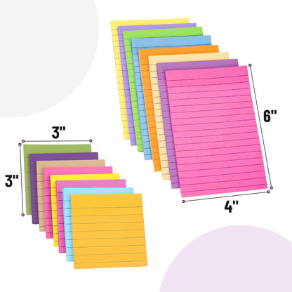 Lined Sticky Notes Set 4x6 and 3x3, 16 Pads, 720 Sheets, Pastel