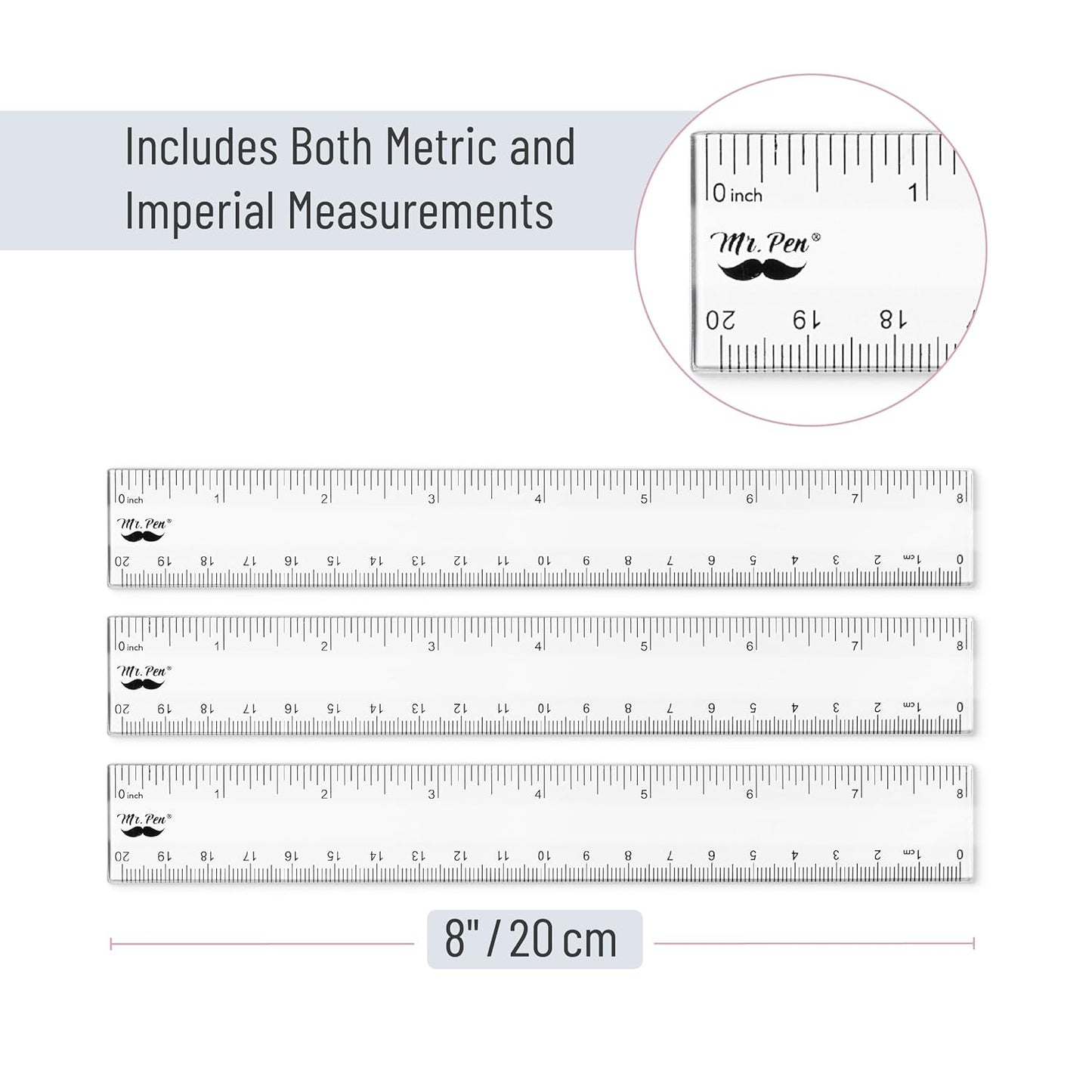 Plastic Ruler 8 Inch, 3 Pack, Clear, Metric & Imperial